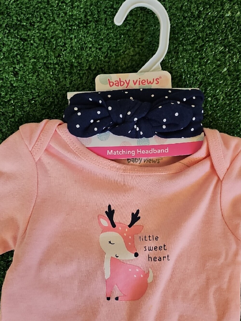 Baby Pink Deer Bodysuit with Navy Polka Dot Pants & Headband - Picture 3 of 4